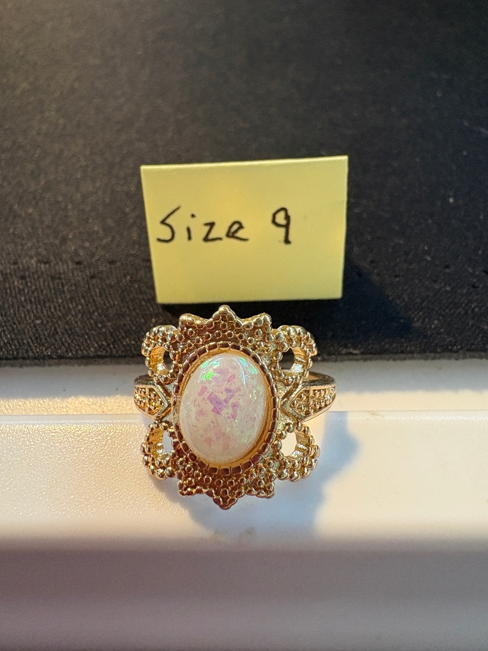 Gold-Tone Opal Statement Ring - White Opalescent Center (Size 9)